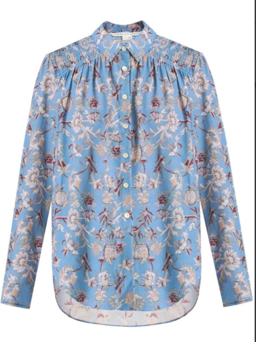 Veronica Beard Dazed Cornflower Blue Smocked Shoulder Floral Blouse Size 10
